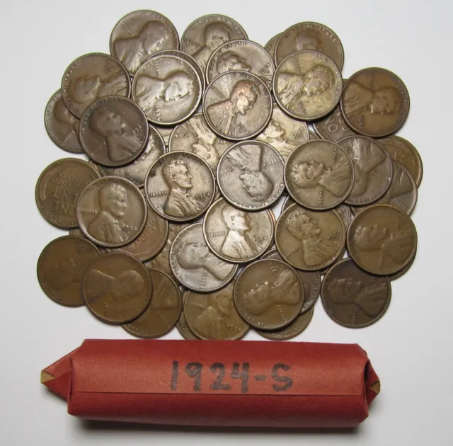1924-S Lincoln Cents/Wheat Penny Roll of 50 Average Circulated Good+ Pennies Lot