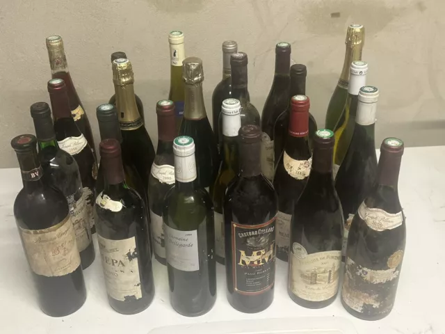 Lot de 24 bouteilles Vin, Rouge, Vin Blanc, Crémant, Muscat….. Étiquettes, abîmé