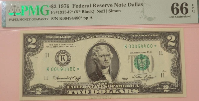 Fr#1935-K* $2 1976 Federal Reserve Note Dallasstar Note PMG66EPQ GEM UNC