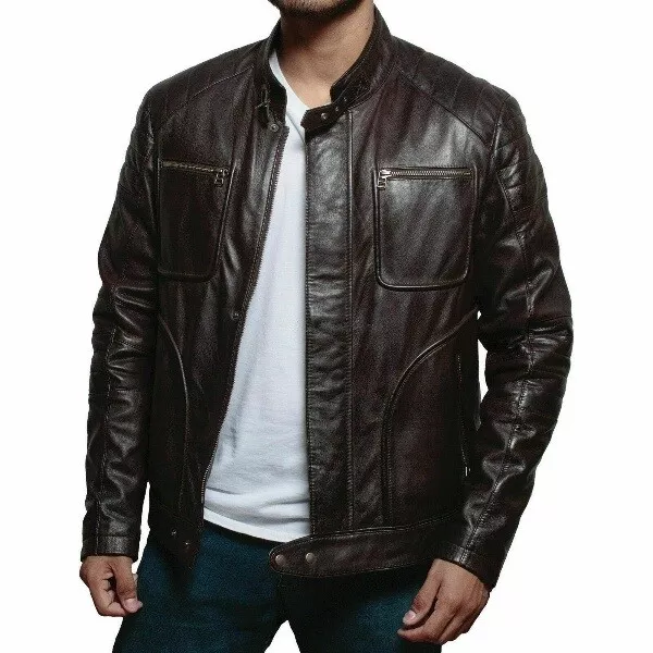 Mens Leather Jacket Slim Fit Biker Motorcycle Genuine Lambskin Jacket Coat-MJ100