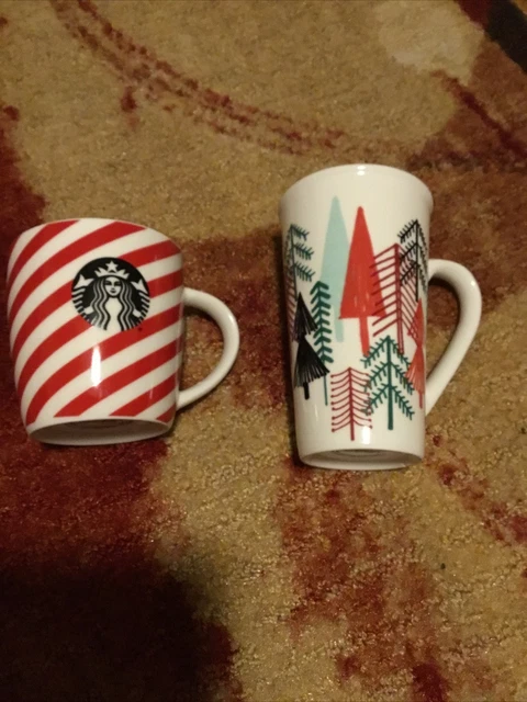 Lot of 2 Starbucks Holiday Christmas Winter Red Mugs 12pz/14 Oz Candy Cane Trees