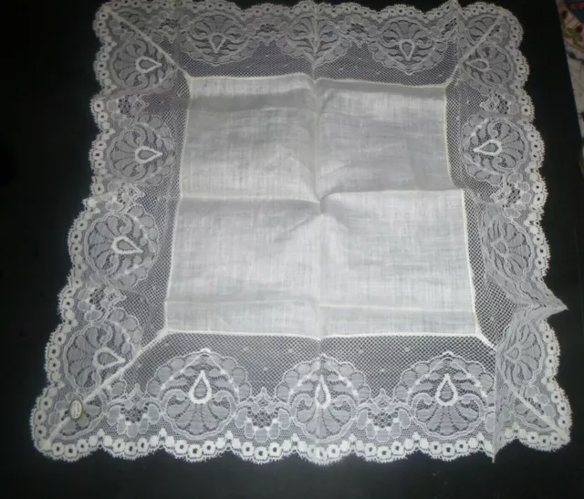 Vintage Ivory Irish linen Net Lace Handkerchief Wedding Hankie Unused Label