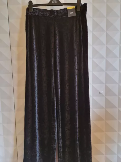 M&S Black Crushed Velvet Wide Leg Trousers. Size 16L. Nwt