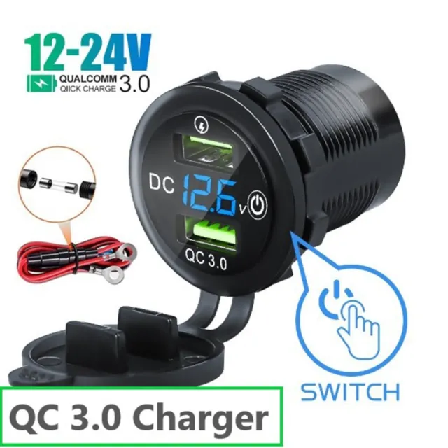 Dual QC 3.0 12 V presa USB caricabatterie auto con voltmetro interruttore e indicatore LED