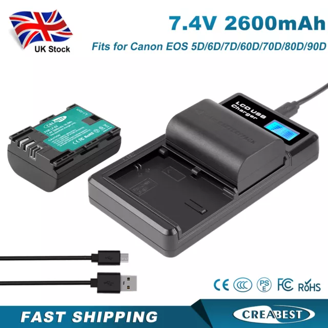 2x 2.6Ah LP-E6 Battery & Dual Charger For LP-E6N Canon EOS-R R5 90D 60D 70D 80D