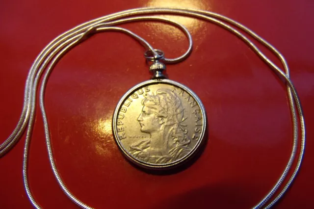 France 1903 Lady Liberty French Centimes Coin on a 30" 925 Silver Snake Chain