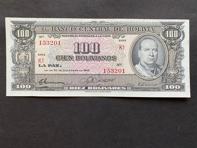 BOLIVIA, 1945, Billete Banco Central de Bolivia, 100 BOLIVIANOS, Serie K1, UNC