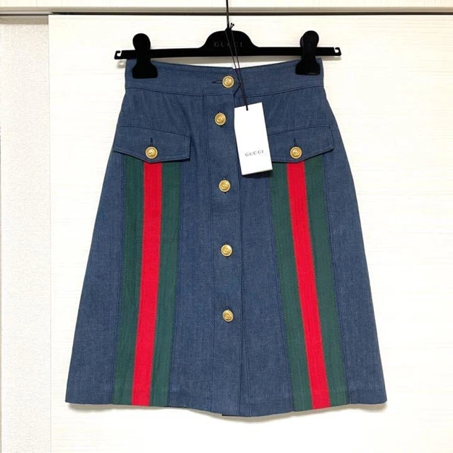 GUCCI A-Line Denim Skirt Women's Size 38 Red/Green Stripes Casual Made in Italy