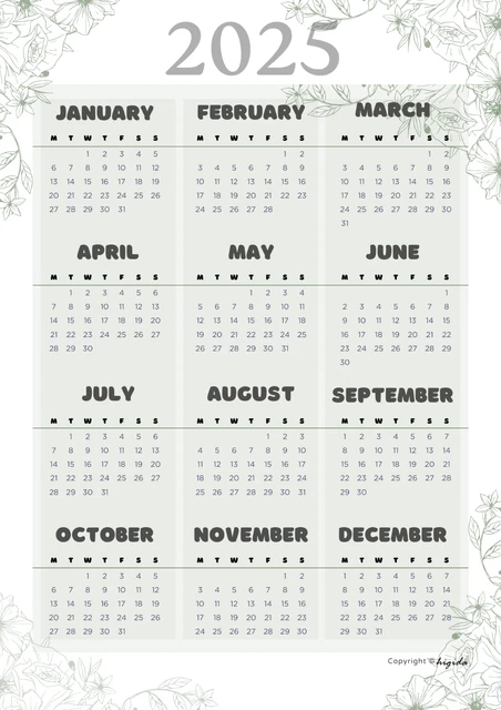 2025 PRINTABLE PDF Year Calendar A4 size £1.99 - PicClick UK