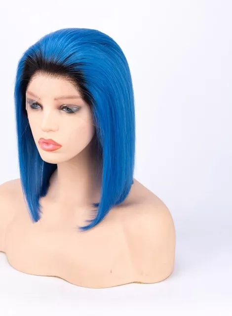 June turquoise blue straight ombre long European 100% human Hair lace front Wig