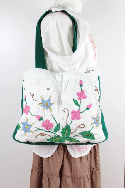 Handmade White Green Upcycled Large Shoulder Tote Embroidered Bag