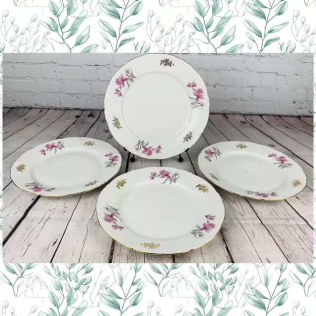 Set of 4 FINE BOHEMIAN CHINA White Floral Porcelain Dinner Plates Czechoslovakia