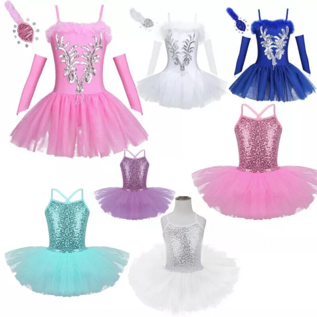 UK Kids Girls Ballet Dance Tutu Dress Leotard Sequined Swan Ballerina Costumes