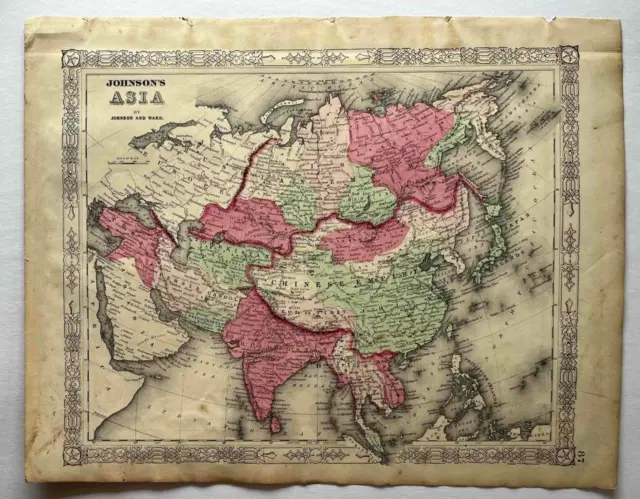 Antique 1864 Map ASIA China Persia Russia Turkey Tibet~Handcolor~Johnson's Atlas