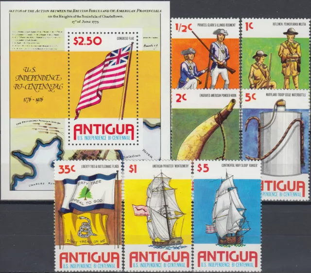 Antigua Set & S/S Bicentennial Independence USA 1976 MNH-17 Euro