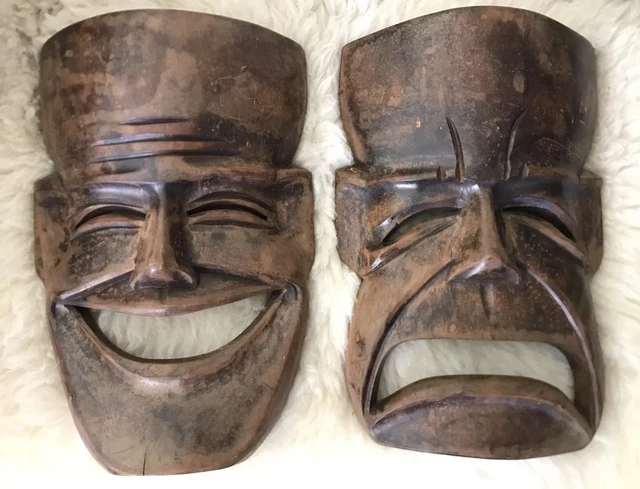 Wood Tiki Wall Masks Folk Art Handmade Set of 2 Happy Sad Faces 13” Tall