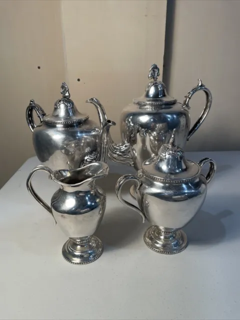 Antique Meridian B. Co. Silver Plate Sugar Bowl, Creamer, Tea & Coffee Pot 4 Set