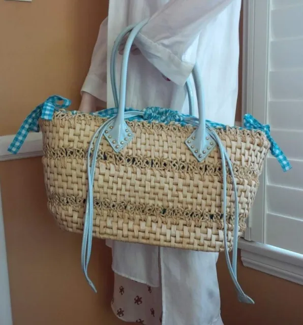 SAMANTHA THAVASA Woven Straw Tote Handbag - Turquoise/White Check Fabric