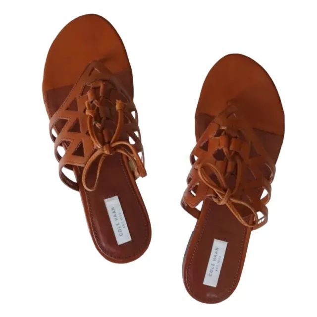 COLE HAAN CLAUIA Flat Lace Up Sandals Acorn 7B Strappy Leather Upper ...