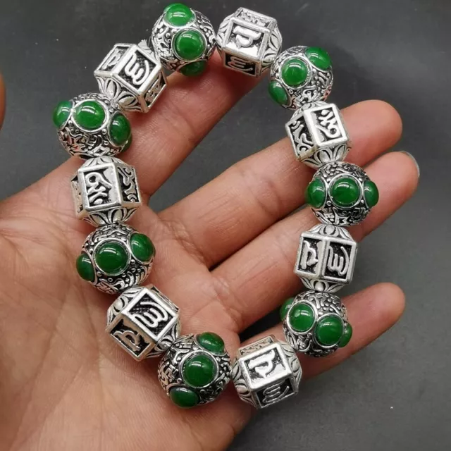 Exquisite Old Chinese tibet silver inlay green jade handmade bracelet