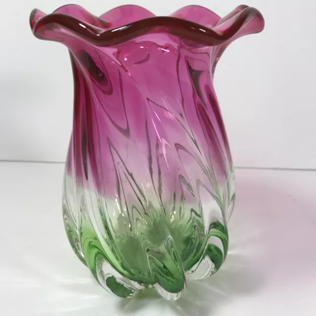 Vintage Teleflora 7.5” Vase Cranberry Pink Green Swirl Glass Ruffled Edge