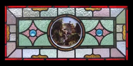 Painted Cottage By Lake English Victorian Antique Stained Glass Window