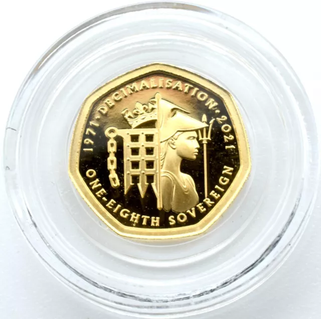 Coin Gold 22ct 2021 50th Anniversary Of Decimalisation 1/8th Sovereign Alderney