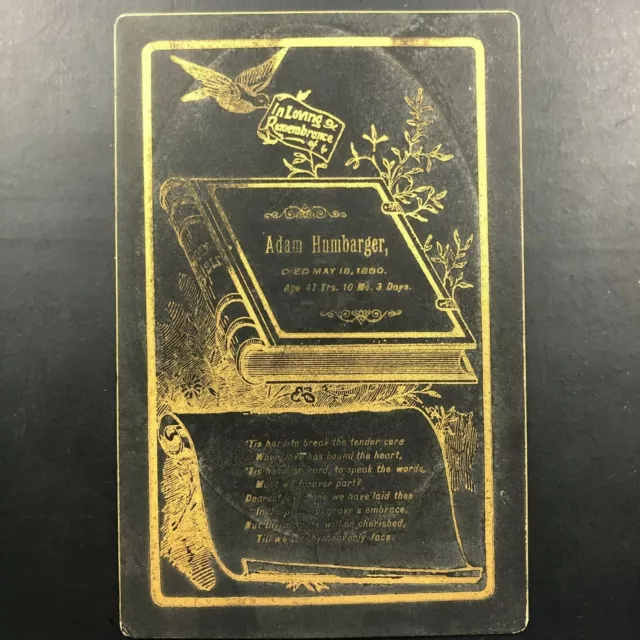 Antique Victorian Remembrance Funeral Death Card Adam Humbarger 1880 Gold 4x6.5