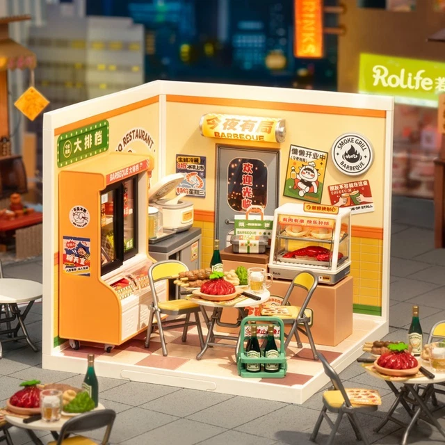 Rolife Super Creator Kit Casa In Miniatura - Bancarella Notturna (DW022), 133+ Pezzi, Montaggio Senza Colla In 1 Ora, Connettori 4 Vie, Luci USB-C, Scala 1:24