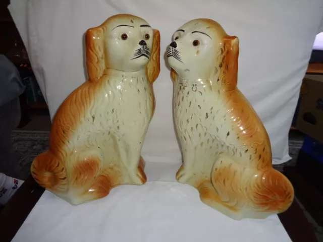 Antique Pair Of Mantle Dogs Staffordshire  Large Victorian Glass Eyes 34cm