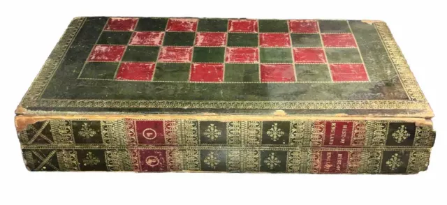 Antique Vintage Italian Leather Bound Book Chess Checkers Backgammon Game Board 2