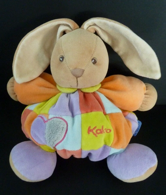 88/2. DOUDOU BOULE KALOO LAPIN orange mauve bleu patchworck coeur 23c grelot TBE