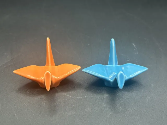 Pair Orange & Blue Ceramic Japanese Paper Art Origami Bird Figurines
