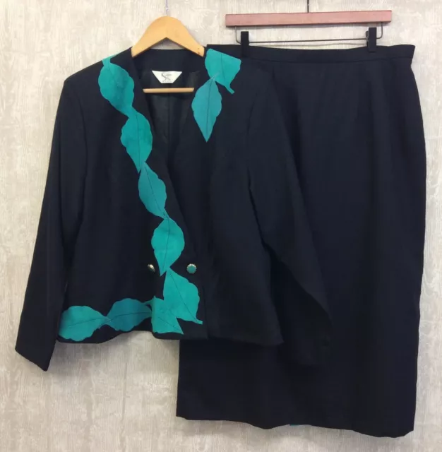Vintage Pure New Wool Pencil Skirt Blazer Suit Womens Size 20 Black Green Leaf