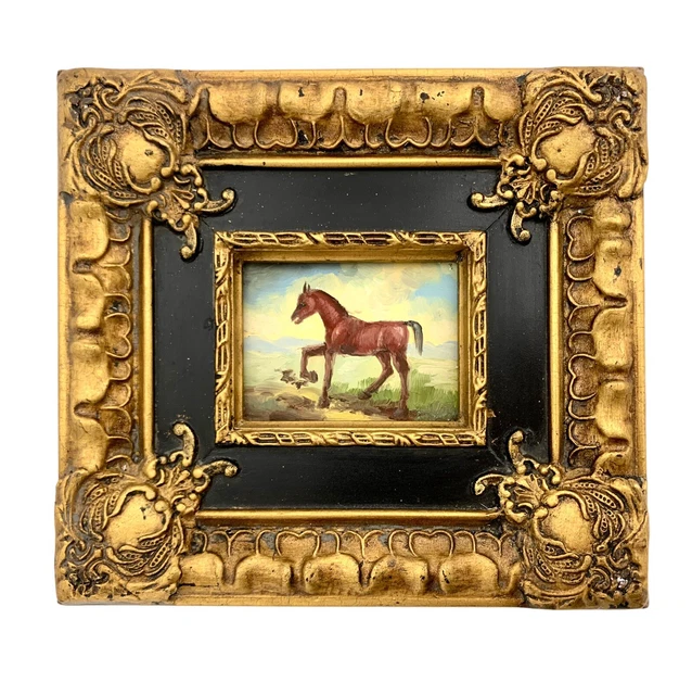 PAINTING YOUNG HORSE Miniature Oil on Board in Ornate Frame Equestrian