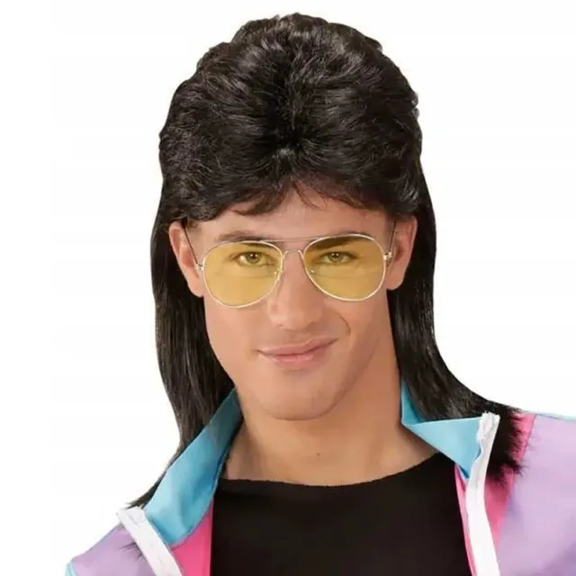 Men Wigs 80s Mullet Wig Black Curly Male Wig Halloween Costumes Punk Rocker Wig