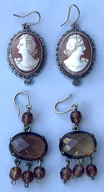 Two pair of antique/vintage earrings, facetted amber glass & Cameo