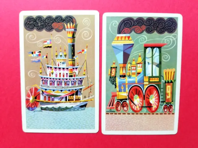 Deco Steam Boat and Train. Pair of Swap Playing Cards.