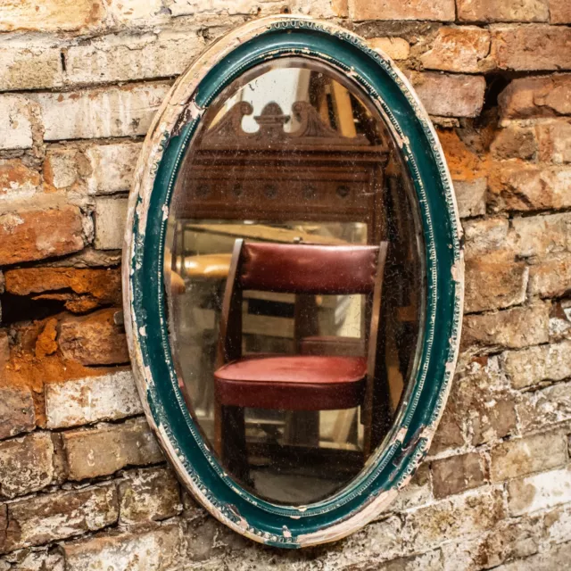 Antique Vintage Victorian Green Painted Oval Plaster / Wood Framed Wall Mirror