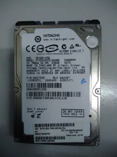 Hard Disk 250 GB 2,5 Hitachi Model HTS543225L9SA00 SATA 5400Rpm