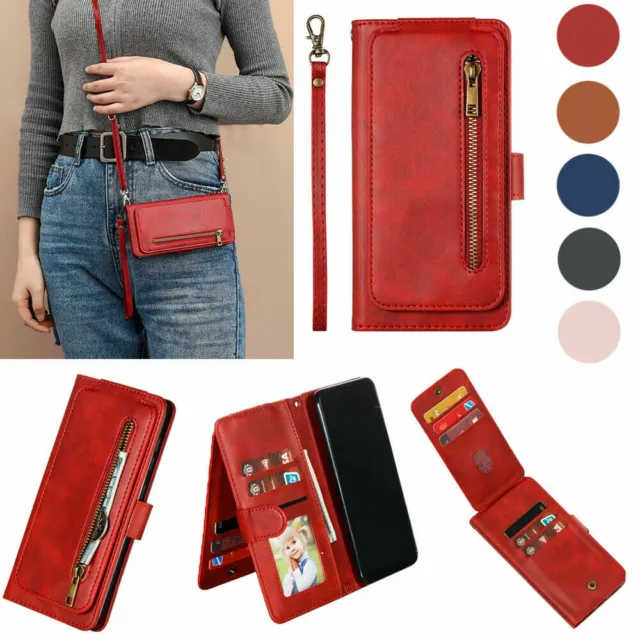 Men Women Leather Zipper Card Stand Flip Wallet Crossbody Case For iPhone/Moto
