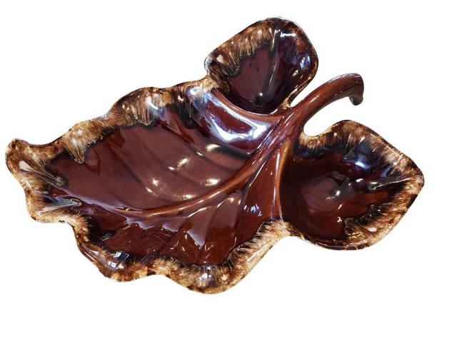 Vintage Hull Oven Proof Pottery Drip Glaze Dish Serving Bowl Leaf Shaped 15 Inch