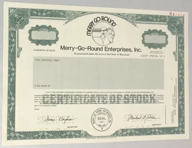 1983 MERRY-GO-ROUND ENTERPRISES, INC. Stock Certificate SPECIMEN Maryland