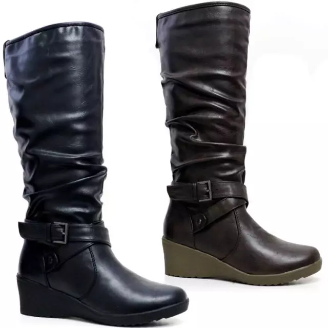 Girls Mid Calf Boots Zip Up School Winter Ankle Biker Military Wedge Boots Shoes