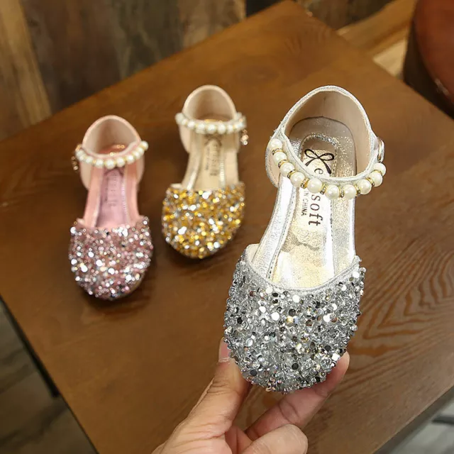 Girls Pearl Crystal Princess Sandals Kids Holiday Wedding Party Dance Shoes Size