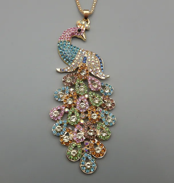 Colorful Crystal Rhinestone Big Peacock Pendant Betsey Johnson Long Necklace