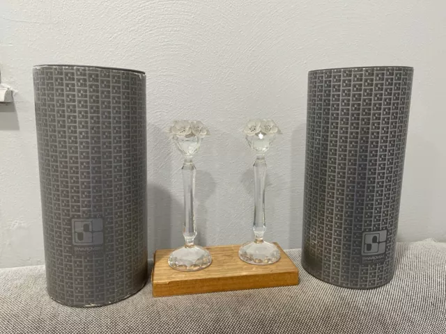 Swarovski Crystal 7600 137 Pair of Candle Stick Holders Flower Tops Original Box