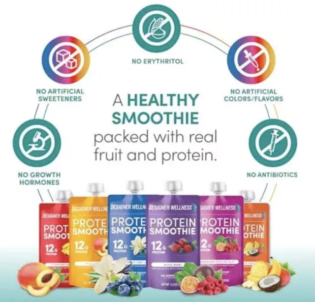 Designer Wellness Protein Smoothies, Real Fruit, 4.20 Fl Oz Pouches (Pack of 11)