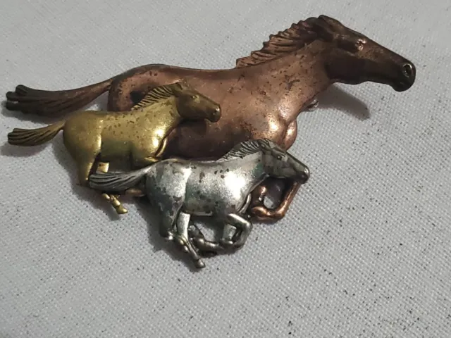3 Tone Gold Silver  & Copper Tone Horses Running Pin Brooch Pin Vintage Animal
