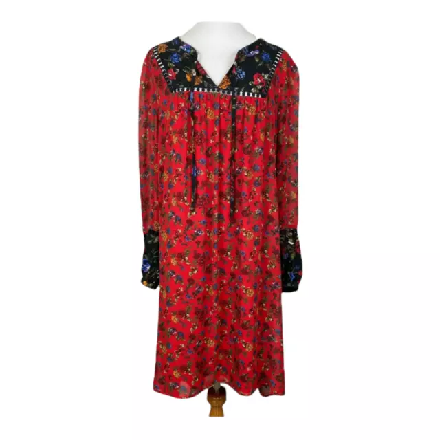 Kensie Dress Womens 1X Floral Shift Long Sheer Sleeve Tie V Neck Red Black Lined